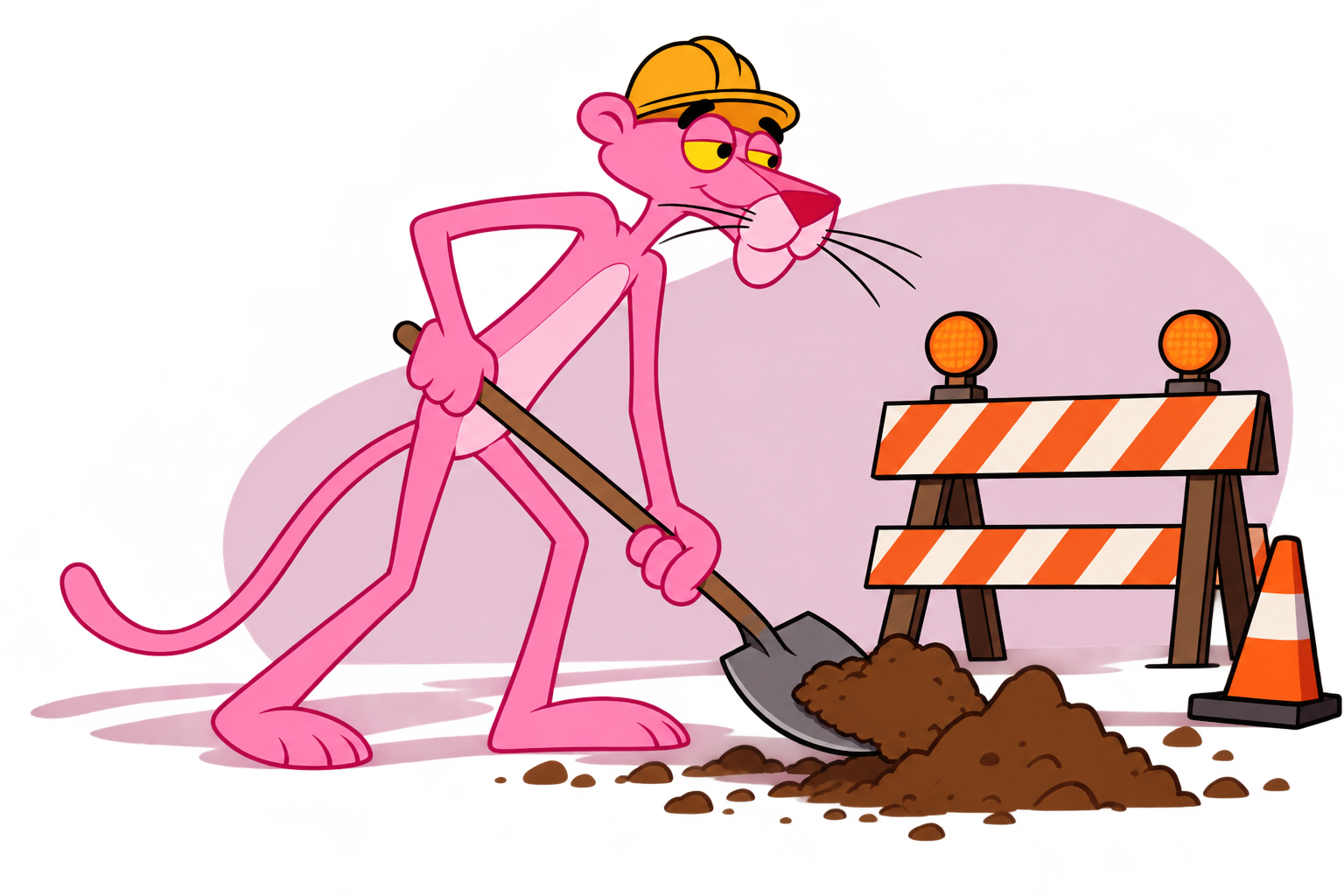 A pink feline in a hard hat digging beside a construction barricade.